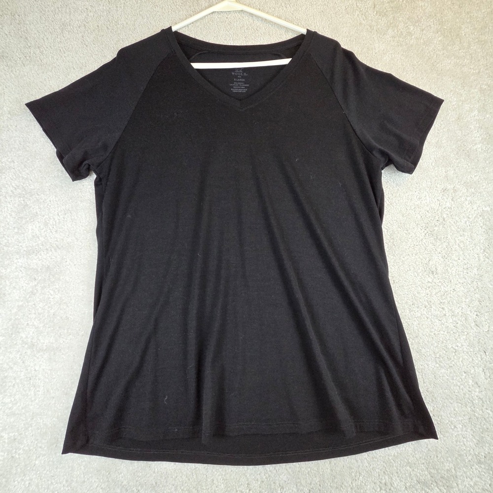 Woolx Mia Black Merino Wool Blend V-Neck Raglan Short Sleeve Tee Shirt Womens XL